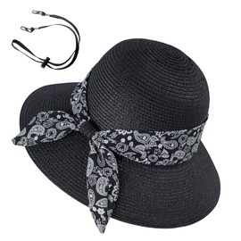 Straw Sun Hat for Women Summer Beach Wide Brim UV Protection Hats with Chin Strap Paisley Black Floppy Foldable Packable Ladies Fashion Cute Bowknot Travel UPF 50 Cap for Girls