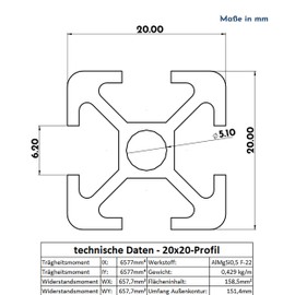 tktrading24 Aluminium Profile 6 Pieces 20 x 20 mm 2 m System, Assembly, Construction Profile Slot 6