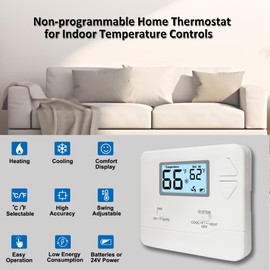 Non-Programmable Wall Thermostat for Home Single-Stage Systems, 1 Heat/1 Cool, Easy DIY, White Backlight