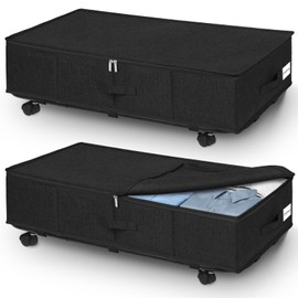 punemi 50L Under Bed Storage Containers With Wheels 2 Pcs, 29.5 X 15.7 X 8.7 Inch Height Underbed Storage W/Lid & Metal Bottom Support, Clothing Blanket Shoe Storage Bin, Dorm Room Essentials, Black