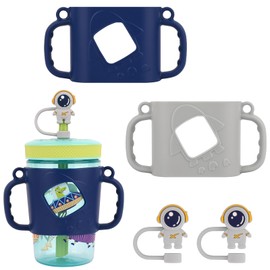 HUAKENER Set of 2 Silicone Bottle Handles and Straw Cover Cap, Accessories Handle Compatible with 15oz Zak Toddler Cups (Blue+Grey)
