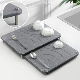 CZWL&HG 2 PCs Stone Dish Drying Mats for Kitchen Counter-Diatomaceous Dish Drying Mats Superb Absorbent with Non-Slip Stainless Steel Feet,Heat Resistant,15.7"(L)×11.8"(W)