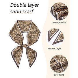 AWAYTR Long Silk Feel Scarf Women Hair Scarf Satin Neck Scarf Tie Bandana Headband Scarf Edge Wrap Head Scarf Purse Handbags (Leopard Camel)