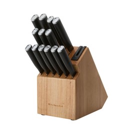 KitchenAid Classic Step Knife Block Set with Built-In Knife Sharpener, High Carbon Stainless Steel Kitchen Knives, Sharp Kitchen Knife Set with Block, 14-Piece, Natural