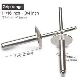 PAGOW 3/16 x 1 Inch (4.8x25mm) Flange Aluminum Blind Rivet, Large Self-Plugging Open End Decorating Fastener Nails Pop Rivets, Core Pulling Rivets Grip Pange 11/16-3/4 Inch (17.4-19mm) (60 Pcs)