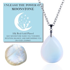 HALUKAKAH Moonstone Necklace - LUNARLOVE - Handmade Platinum Plated Modern Elegant Wire, Natural Crystal Waterdrop Shape Pendants and 50cm Chain