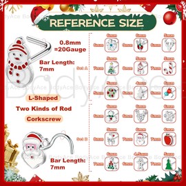 BodyAce 20G Christmas Nose Rings, Stainless Steel Nose Studs l Shaped Nostril Ring, Corkscrew Nose Piercing Christmas Jewellery for Women Men [A:Screw]