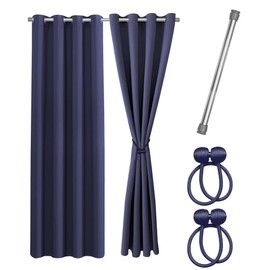 Cozyor Practical set without drilling: 2 x curtains, 1 x clamping rod, 2 x tiebacks with magnet, opaque and darkening, as room divider, window and door, silver blue thermal curtain, 160 x 135 cm