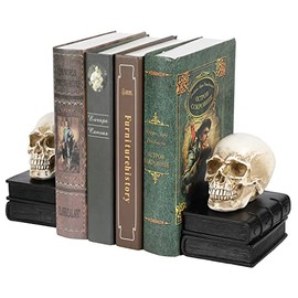 MyGift Juego de 1 par de Sujetalibros con calaveras apiladas en libros; tienen acabado vintage en color negro, hechos de resina que combinan con decoraciones para halloween,