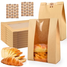 30 Pcs Bread Bags for Homemade, ROOKEA Sourdough Bread Bags with Window for Baked Paper Packaging with Sealing Stickers Bakery Cookie Food Snack Storage Large Kraft Paper 13.7x8.2x3.5 inch