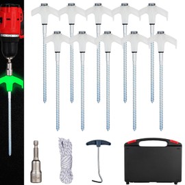 10PCS Camping Tent Stakes Heavy Duty,8 Inch Screw in Tent Stakes Heavy Duty,Nightglow Metal Tent Stakes,with Hex Head Driver,Nail Lifter,Ropes,White