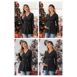 OUGES Women's Maternity Tunics Tops Shirts Long Sleeve Wrap V Neck Nursing Maternity Clothes Casual Pregnancy Blouse(Black,S)