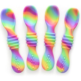 PrimaStella - Juego de cucharas masticables de silicona para bebés y niños pequeños, probado en seguridad, sin BPA, paquete de 6 cucharas para bebé (arco iris de neón)