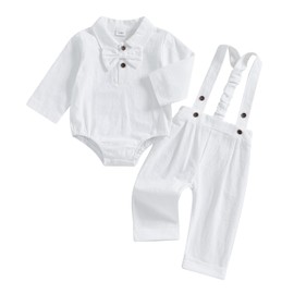 Loalirando 2Pcs Newborn Baby Boy Fall Gentleman Outfit Lapel Neck Long Sleeve Romper Sweatshirt with Solid Bowtie Elastic Waist Suspender Pants Tracksuit (White, 6-9 Months)