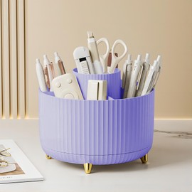 DASITON Large Capacity Makeup Brush Holder,360° Rotating Makeup Organizer,5 Slot Makeup Brushes Cup,for Vanity Decor,Bathroom Countertops,Desk Storage Container,Cosmetic Display cases(Purple)