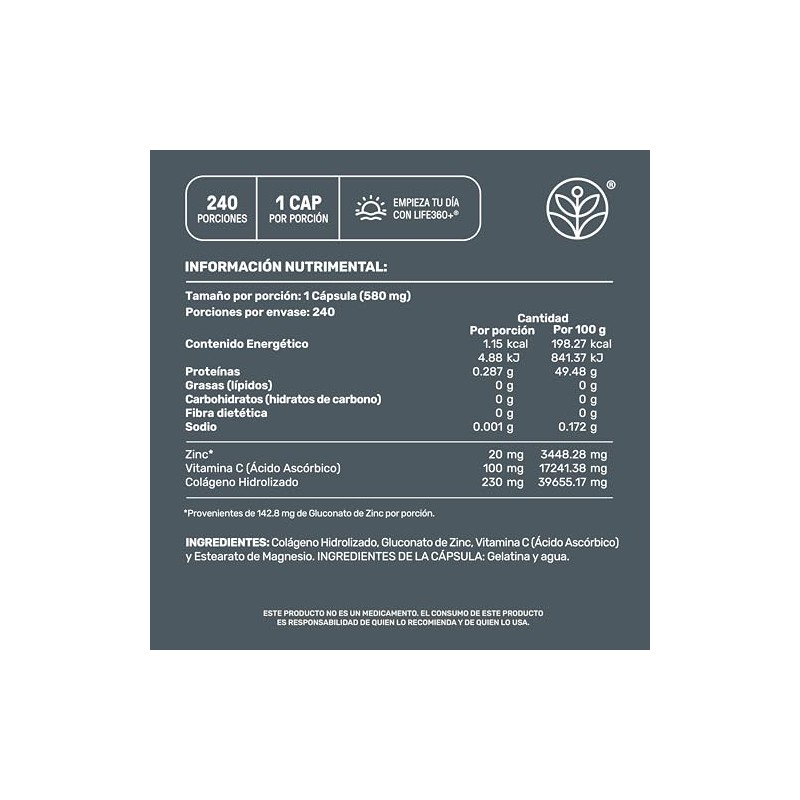 Life 360 Zin Blend 240 Cápsulas Colágeno Hidrolizado Vitamina Gluconato