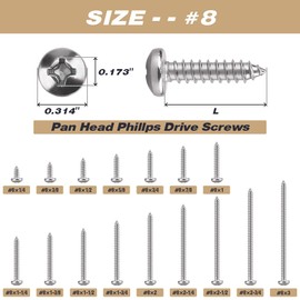 #8 x 1-1/2" Pan Head Phillps Drive Self Tapping Screws, 304 Stainless Steel, Round Head Sheet Metal Tek Screws, 80 PCS