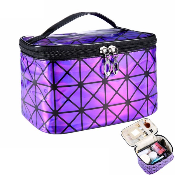 3D Portable Cosmetic Box/Waterproof PU Leather handy Wash Bag/Make up Storage Bag Organizer Handbag for Women Girls Party Travel purple