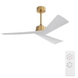 WINGBO 52" DC Ceiling Fan without Lights, Brass and White Ceiling Fan with Remote, 3 ABS Plastic Blades, 6 Speed Reversible DC Motor, Ceiling Fan No Light for Kitchen Bedroom Living Room