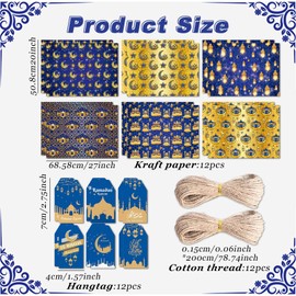Eid Mubarak Wrapping Paper Storage - Perfect Gifts for Eid Mubarak, 12 High Quality Reusable Wrapping Paper and Decorative Hanging Tags