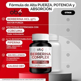 Berberina HCl Pura 120 caps Potenciada con Piperina y Cúrcuma | Ingredientes Naturales Premium | Suplemento Alimenticio Oby Berberine Complex Alta bio
