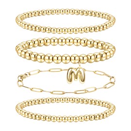 CARITATE Gold Bracelets Stack: Dainty 14k Gold Bracelets for Women, Non Tarnish Stackable - Initial Bracelet Set for Women, Small Wrist, Trendy - Bubble Letter Stretch Charm Bracelet