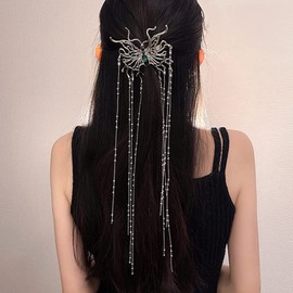 Jumwrit Silver Rhinestone Hair Clip Semi Circle Hair Barrette Long Beaded Chain Tassel Ponytail Holder Clip Boho Big Spider Hair Clip Bling Hair Accessories for Women Girls