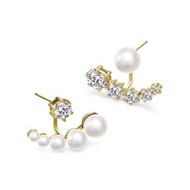 BUKEQILA Women's Earrings 925 Sterling Silver Ear Needle Stud Earrings 5 Zirconia + 5 Pearls Earrings with Different Sides Ear Stud Earrings with Gift Box, Super Christmas Gift, Silver Cubic Zirconia