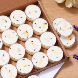 48Pcs Lavender Scented Tealight Candles, Palm Wax White Tea Lights, 4h Long Burning Tea Light Candles with Dried Flowers for Holiday, Wedding, Spa, and Home Decoration