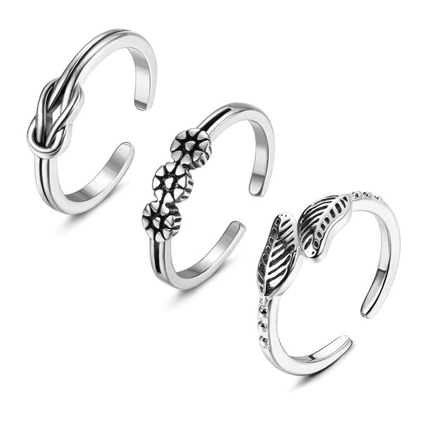 JOERICA 3 Pcs Silver Adjustable Open Rings Women Feather Thumb