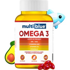 MultiBlue - Omega 3 Salmon Oil 60 Capsulas | Con Aceite de Pescado, EPA, DHA, CoQ10, Vitamina D3 y E | Sin Gluten, 100% Naturales, Libres de OMG | Certificado GMP | 2 caps diarias, 1 mes - Sabor Limon