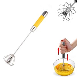 14in Stainless Steel Semi-Automatic Whisk Hand Push Rotary Whisk Blender with Yellow Handle Egg Beater Hand Push Mixer Stirrer Egg Scrambler for Blending, Whisking, Frothing, Beating & Stirring