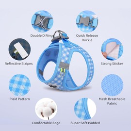 Small Dog Harness and Leash Set, Step in No Pull Adjustable Reflective Pet Harness, Soft Mesh Plaid Vest Harnesses for Small Dogs & Cats Easy Walk Outdoor Hiking Running, Blue XS