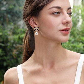 Gold Bow Earrings for Women Trendy Small bowknot Earring, Ribbon Waterfall Dangling Earrings, Pearl Bow earrings, Sparkly Elegant Bowknot Stud Earring Preppy Wedding Party Daily Jewelry Accessory Gifts (Black)