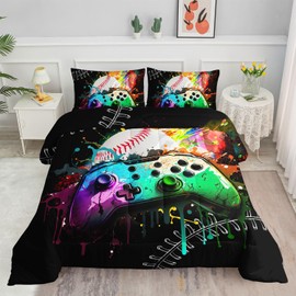 Smell Sunshine Kids Comforter Set Gamepad Baseball Printed Pattern Bedding Set with 1 Comforter and 2 Pillowcases for Girls Boys Bedroom All Season(Gamepad Baseball Twin)