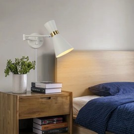 Modern Swing Arm Wall Light with Plug in Cord Lamp Mounted Extension Bracket Sconces White Metal Light Fixture Rotation Reading Lighting for Dining Room Kitchen Bedroom Matte Black Finish E26 Socket