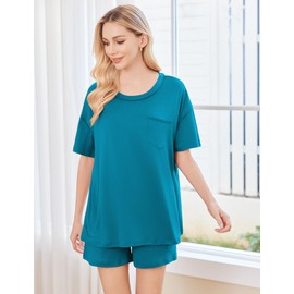 Ekouaer Women's 2 Piece Pajama Sets Short Sleeve Lounge Sets Soft Round Neck Top Shorts Sleepwear Blue Green, Small