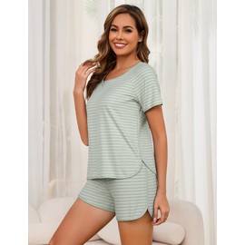 Namatime Cotton Pajama Sets for Women 2 Piece Lounge Set Stripe Pj Set Loungewear Short Sleeve Top and Shorts with Pockets Summer Sleepwear 2025 Green Wide Stripe XX-Large