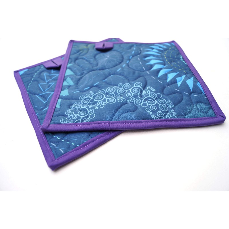Blue Quilted Fabric Pot Holders Set