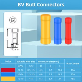 50x Butt Connectors 0.5-1.5 mm² Crimp Connectors Red Cable Lugs PVC Insulated Butt Connector BV Cable Connector