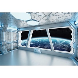 AOFOTO 7x5ft Spaceship Interior with Window View On Planet Earth Backdrop Universe Exploration Science Fiction Spacecraft Photography Background Space Station Photo Shoot Studio Props Vinyl Wallpaper