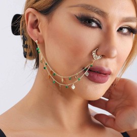 Vacaonio Punk Emerald Nose To Ear Chain Green Crystal Nose Ring Gold Emerald Nose Ring Layered Heart Nose Ring Emerald Clip On Nose Ring Non Pierced Nose Ring Indian Jewelry for Women(Emerald)