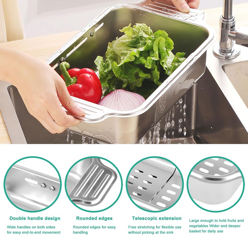 Stainless Steel Sink Strainer Extendable Kitchen Organiser Variable Pasta Strainer