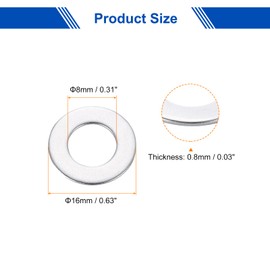 sourcing map 50 Pcs M8 Flat Washer, 8x16x0.8mm Thickened 304 Stainless Steel Flat Spacers for Screw, Bolt, Automotive, Industrial Machinery