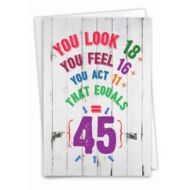 NobleWorks - 45th Birthday Card with Envelope - Funny Stationery Notecard for Birthdays, 45 Year Old Greeting - Age Equation 45 C9418MBG