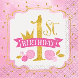 Pink and Gold Girls 1st Birthday Party Napkins, 16ct