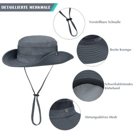 Durio Children's Sun Hat UV Protection Sun Hat with Chin Strap Children's Fishing Hat with Neck Protection Children's Hat Breathable Sun Protection Cotton for Boys 4-12 Years, Dark Gray Light Rice