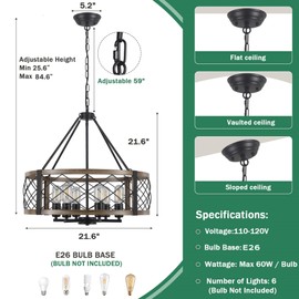 SJCCDSGS Brown Farmhouse Chandelier- 21.6 inch 6 Light Rustic Chandelier, Dining Room Light Fixture Adjustable Hanging Pendant Light Fixtures for Kitchen Island Entryway Bedroom