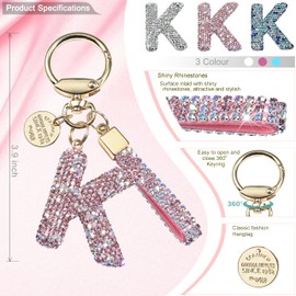 Pink Blue White Initial Letter Keychain Gift for Women Girls Bling Sparkly Cute Backpack Car Key Accessories Lanyard (K-pink)