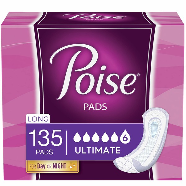 Poise Incontinence Pads for Women, Ultimate Absorbency, Long, Original Design, 45 count (Pack of 3) (Packaging May Vary)
